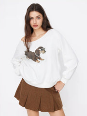Terry Asymmetrical Neck Dog Graphic Sweatshirt