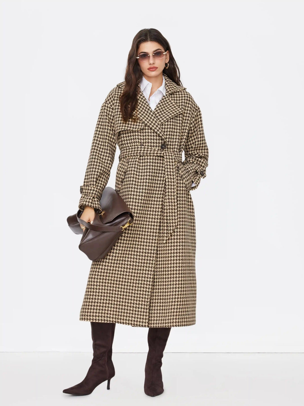 Double Breasted Tweed Houndstooth Coat With Belt