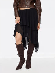 Mid Rise Solid Ruffle Asymmetrical Hem Maxi Skirt