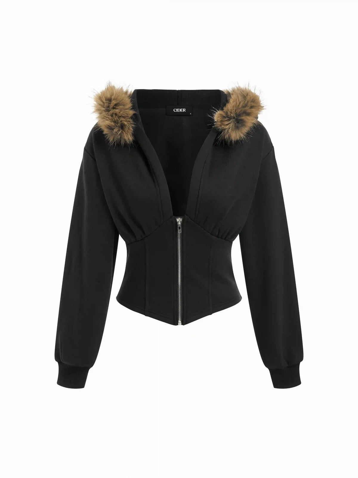 Terry Faux Fur Trim Corset Half Zip Hoodie