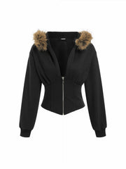 Terry Faux Fur Trim Corset Half Zip Hoodie