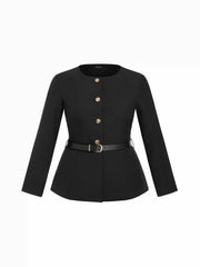 Round Neckline Metal Button Blazer With Belt Curve & Plus