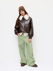 Faux Leather Metal Button Oversized Jacket With Detachable Faux Fur Collar