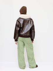 Faux Leather Metal Button Oversized Jacket With Detachable Faux Fur Collar