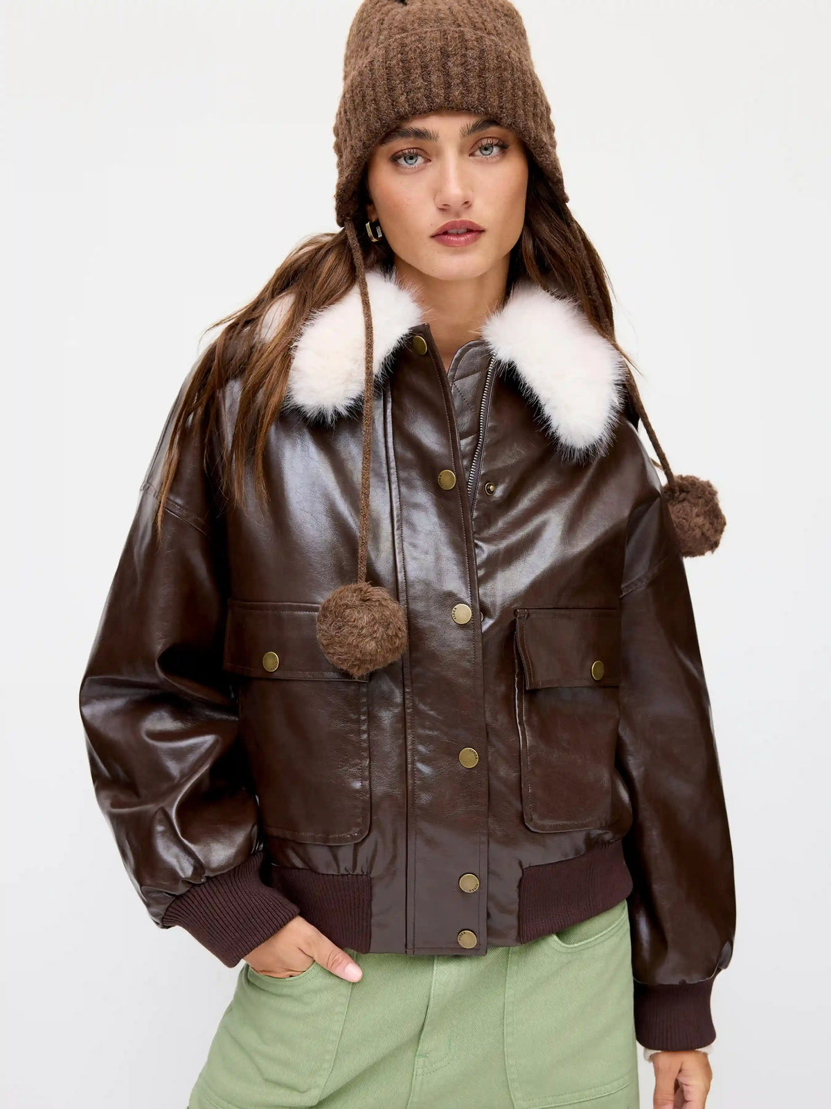 Faux Leather Metal Button Oversized Jacket With Detachable Faux Fur Collar