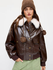 Faux Leather Metal Button Oversized Jacket With Detachable Faux Fur Collar