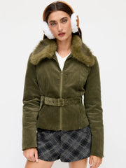 Corduroy Faux Fur Trim Collar Jacket With Belt