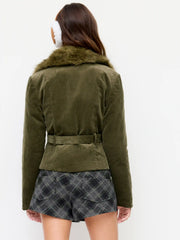 Corduroy Faux Fur Trim Collar Jacket With Belt