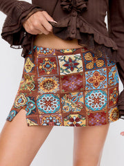 Jacquard Low Rise Floral Split Mini Skort