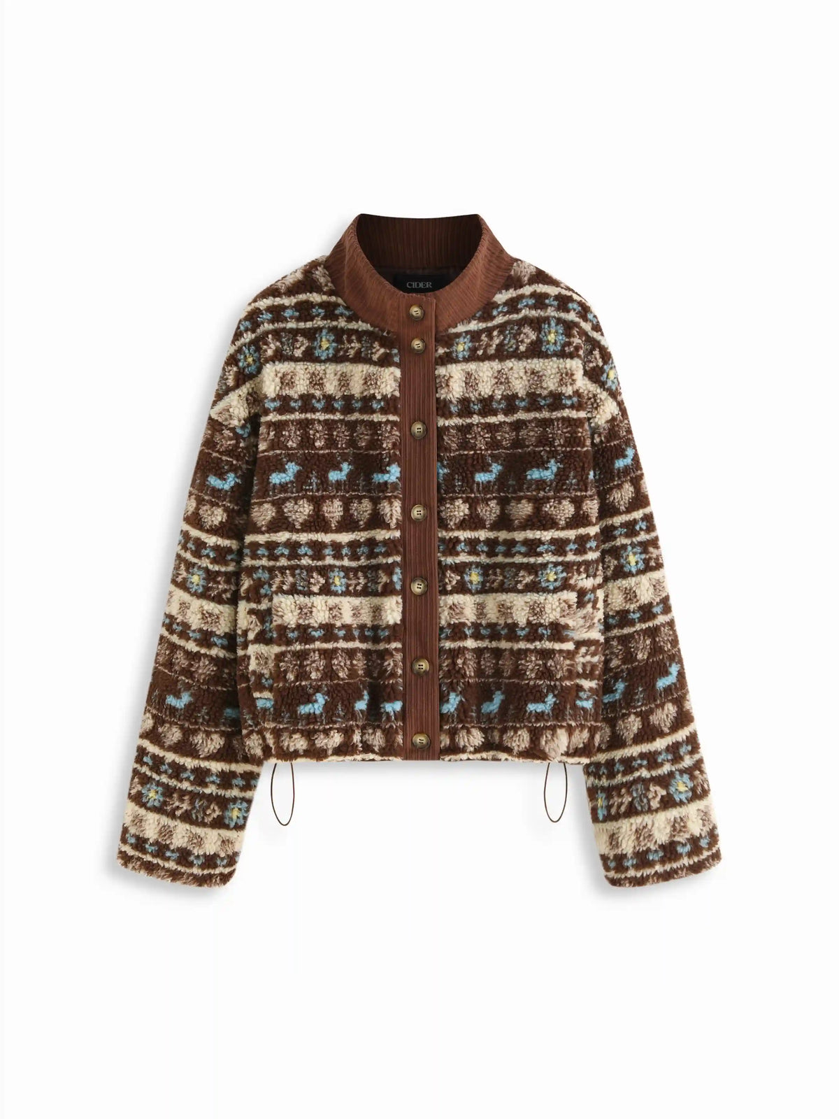 Fleece Aztec Print Stand Collar Long Sleeve Drawstring Button Jacket