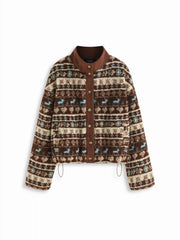 Fleece Aztec Print Stand Collar Long Sleeve Drawstring Button Jacket