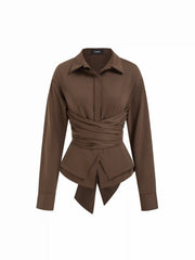Collar Wrap Ruched Bowknot Long Sleeve Blouse