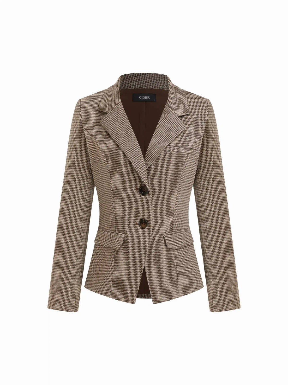 Notched Collar Houndstooth Cinched Waist Blazer