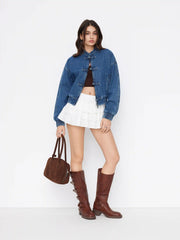 Denim Mandarin Collar Elastic Waist Oversized Jacket