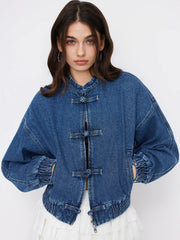 Denim Mandarin Collar Elastic Waist Oversized Jacket