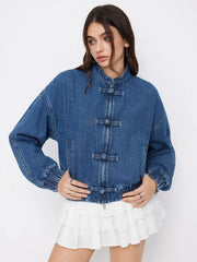Denim Mandarin Collar Elastic Waist Oversized Jacket