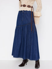 Cider Denim Mid Rise Asymmetrical Lettuce Trim A-line Maxi Skirt