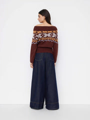 Knit Snowflake Fair Isle Off-shoulder Cinched Waist Sweater