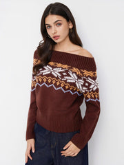 Knit Snowflake Fair Isle Off-shoulder Cinched Waist Sweater