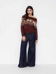 Knit Snowflake Fair Isle Off-shoulder Cinched Waist Sweater