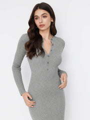 Knit Wool-blend Round Neckline Long Sleeve Button Midi Dresses