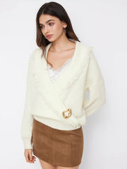 Two Way Knit Woo-blend Collar Fringe Metal Detail Oversized Top