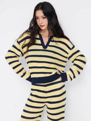 Knit Striped Collar V-neck Long Sleeve Hollow Out Oversized Sweater