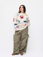 Knit Round Neckline Sea Animal Graphic Oversized Long Sleeve Top Curve & Plus