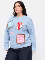 Knit Wool-blend Shell & Lobster Embroidery Hollow Out Top Curve & Plus