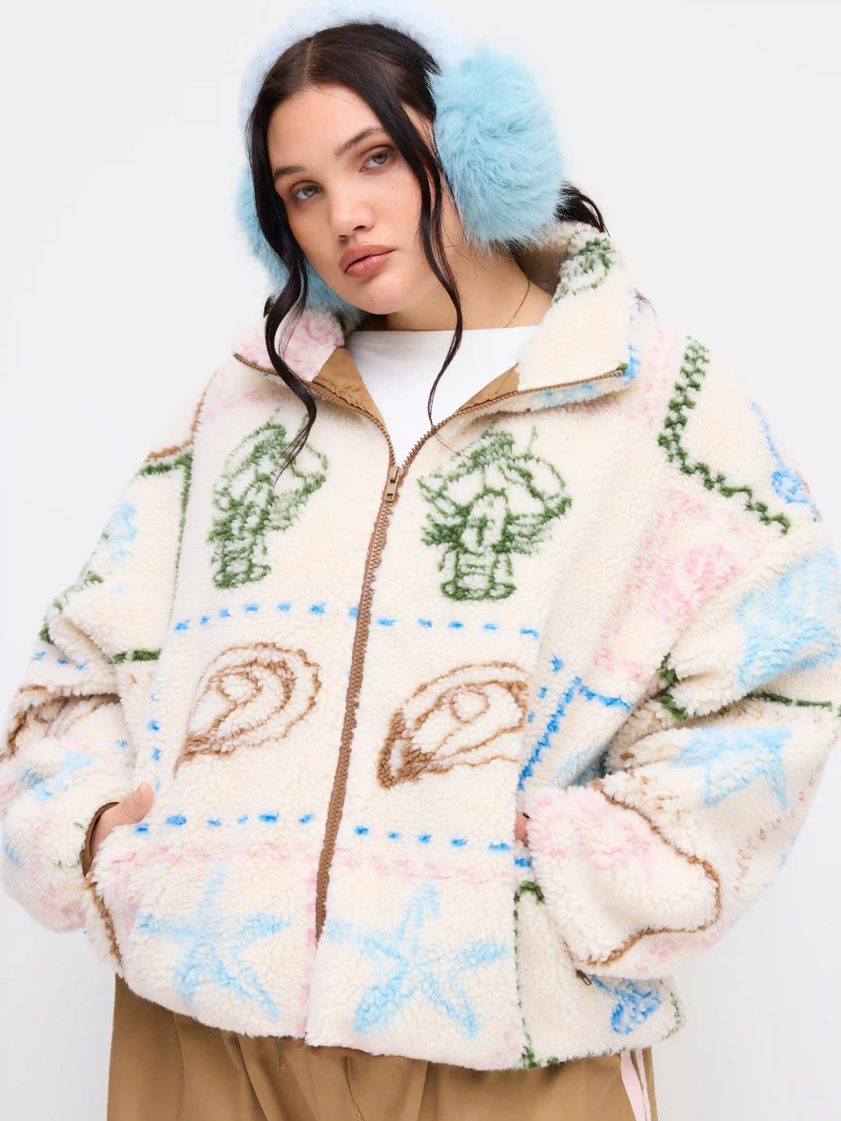 Fleece Stand Collar Seafood Graphic Contrasting Binding Oversized Jacket Curve & Plus