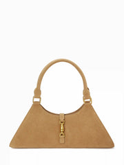 FAUX SUEDE PUSH-LOCK DECOR SHOULDER BAG