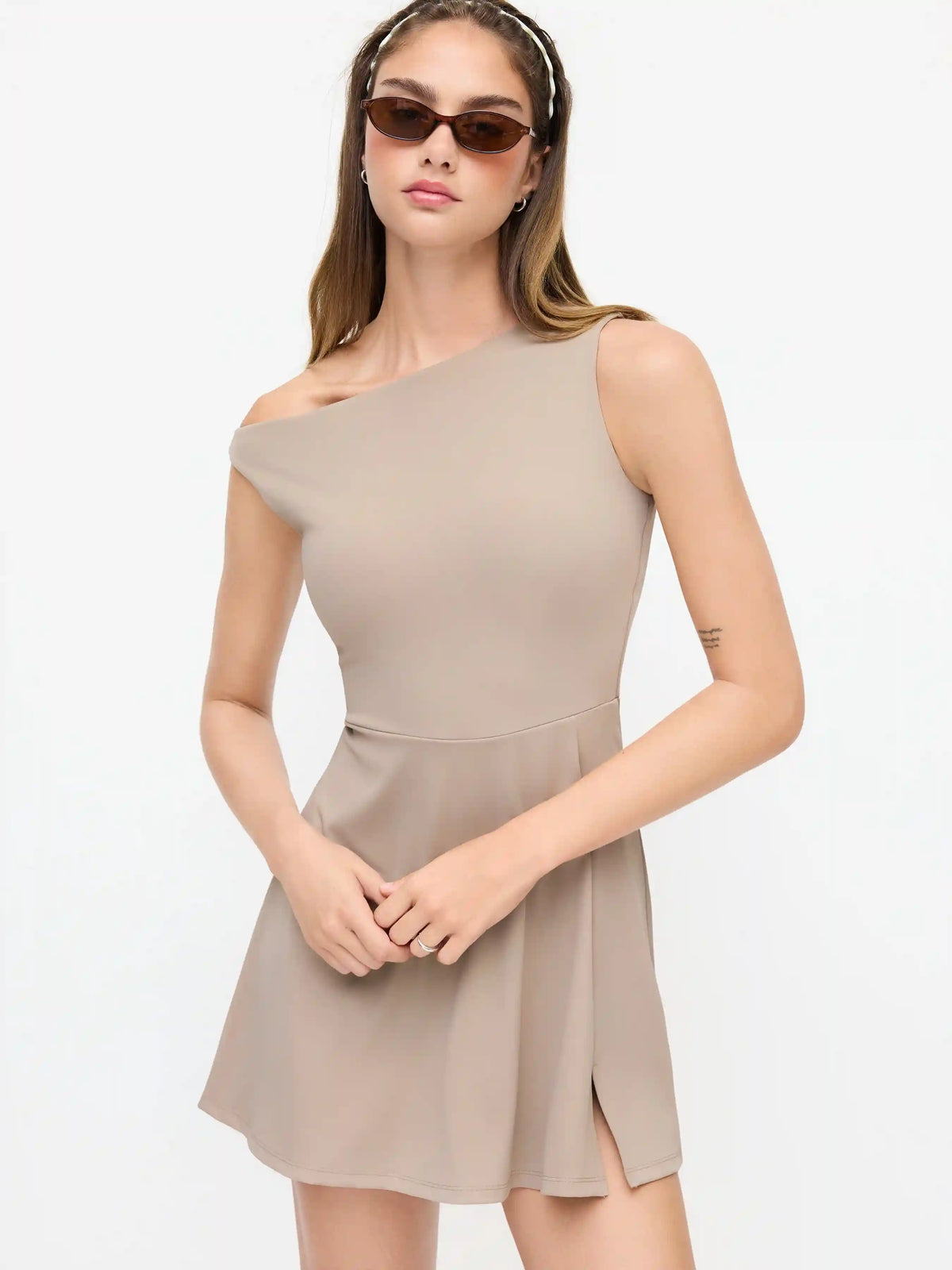 Asymmetrical Neck Solid Active Mini Dress