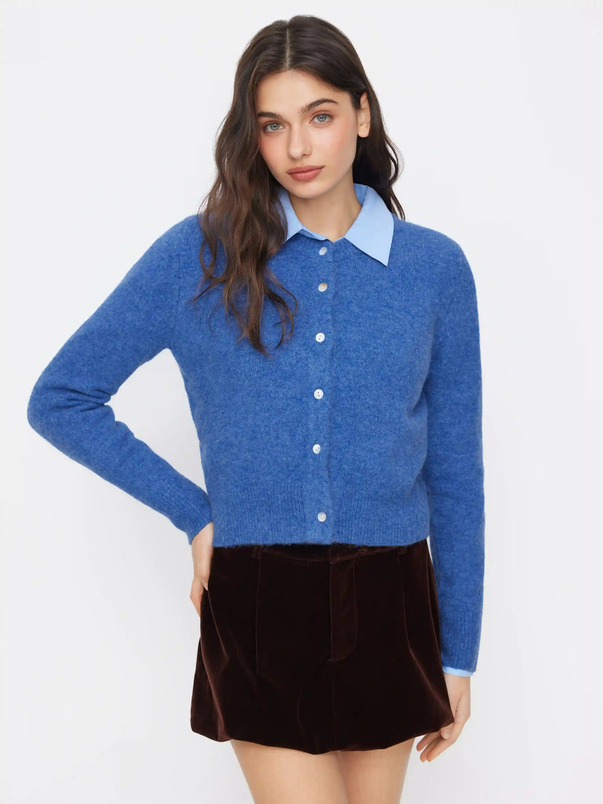 Wool-blend Round Neckline Solid Button Knitted Cardigan