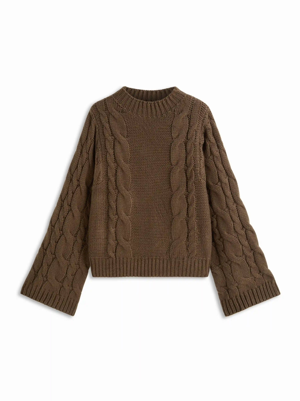Cable Knit Round Neck Long Bell Sleeve Oversized Sweater