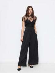 Lace See-through Top & V Neck Wide Leg Jumpsuit
