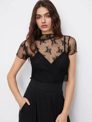 Lace See-through Top & V Neck Wide Leg Jumpsuit