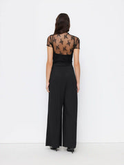 Lace See-through Top & V Neck Wide Leg Jumpsuit