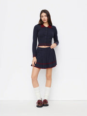 Cable Knit Wool-blend Striped Collar Long Sleeve Button Top