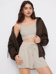 U-neckline Crop Cami Top & Drawstring Wide Leg Shorts Set