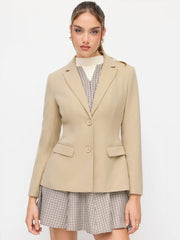 Notched Collar Long Sleeve Button Cinched Waist Blazer