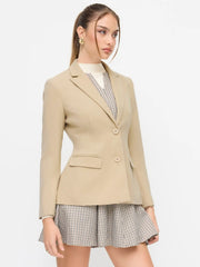 Notched Collar Long Sleeve Button Cinched Waist Blazer