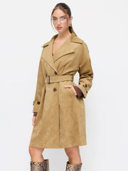 Suede Notched Collar Double Breasted Oversized Trench Coat With Belt