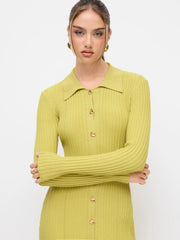 Knit Color Long Sleeve Metal Button Maxi Dress