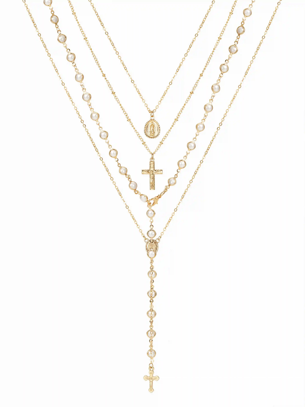 FAUX PEARL & CROSS LAYERED NECKLACE