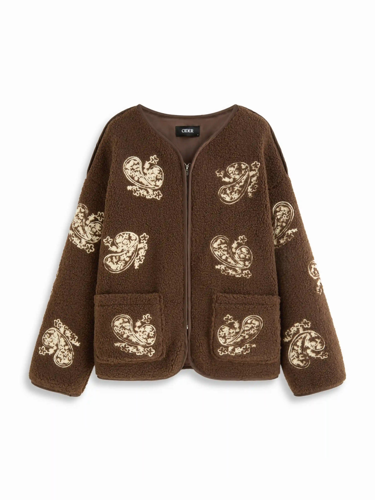 Fleece Round Neckline Paisley Embroidered Jacket