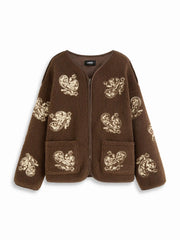 Fleece Round Neckline Paisley Embroidered Jacket