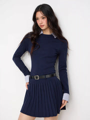 Knit Fabric Collar Belted Pleated Dress