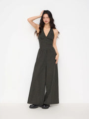 Cotton Halter Neckline Plaid Lettuce Trim Shirred Wide Leg Jumpsuit