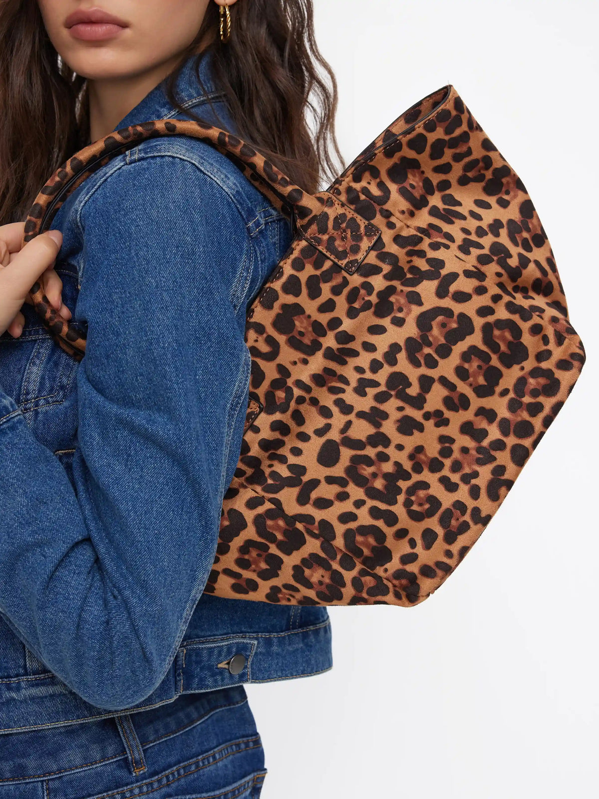 LEOPARD PRINT FAUX SUEDE TOTE BAG
