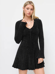 Knit V-neck Bowknot Ruffle Hem Winter Mini Dress